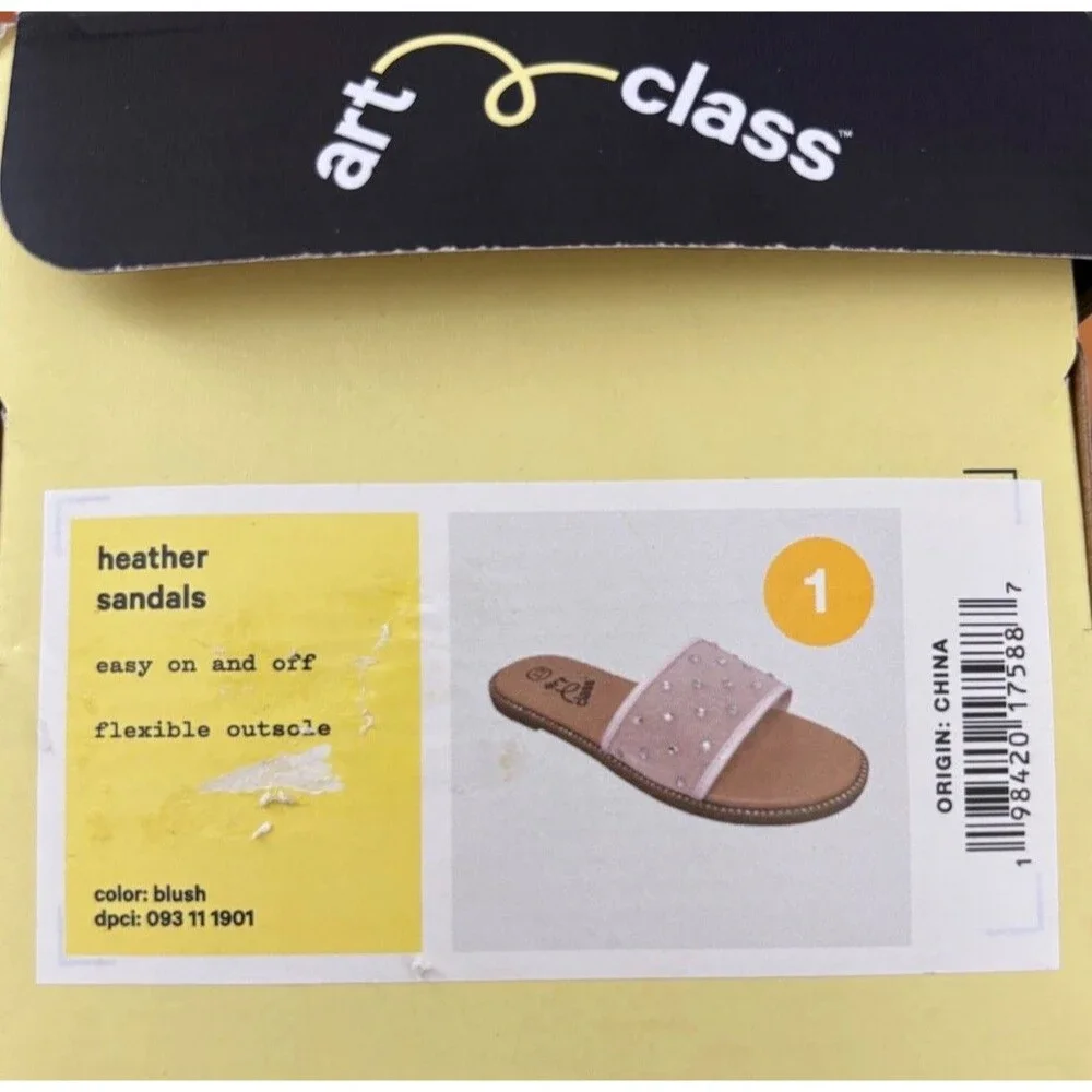 Art Class Girls' Slide Sandals Blush Rhinestone Flexible Outsole Open Toe Size 1